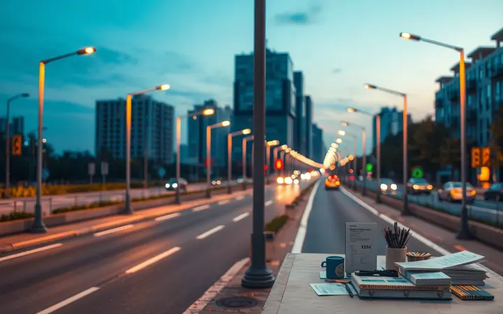 宝吉LED路灯安装在城市道路上,黄昏时分灯光均匀照亮路面。