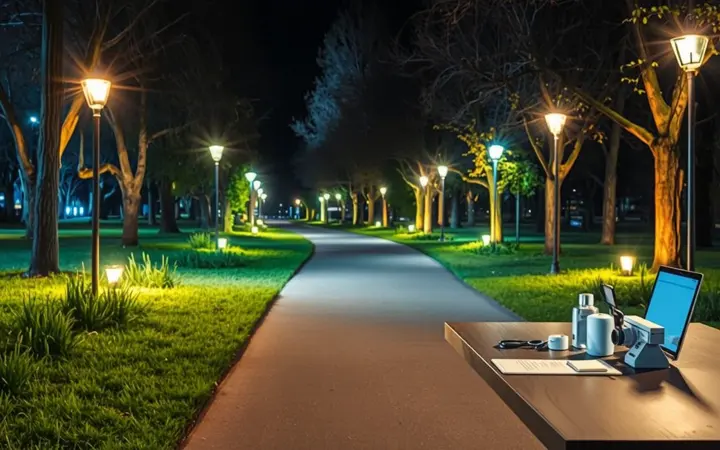 公园步道夜景,低矮草坪灯与树影灯照明效果