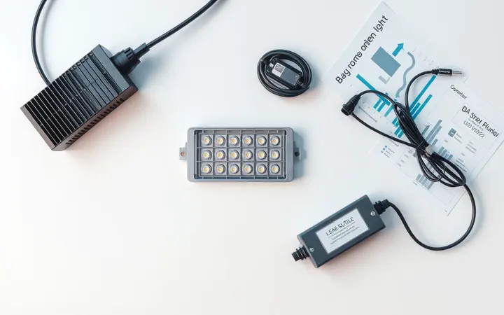 LED路灯模块、景观灯、驱动电源和连接器摆放在白色桌面上