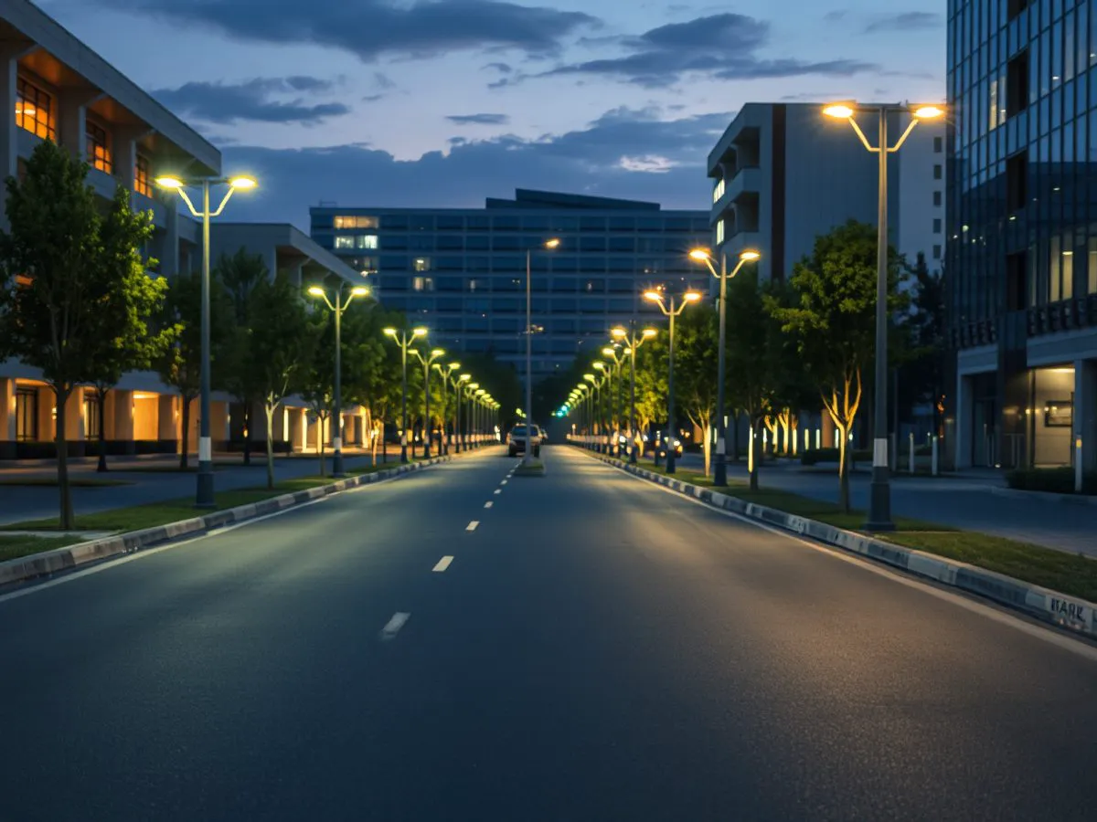 科技园区道路照明实景,定制色系灯杆与建筑风格统一