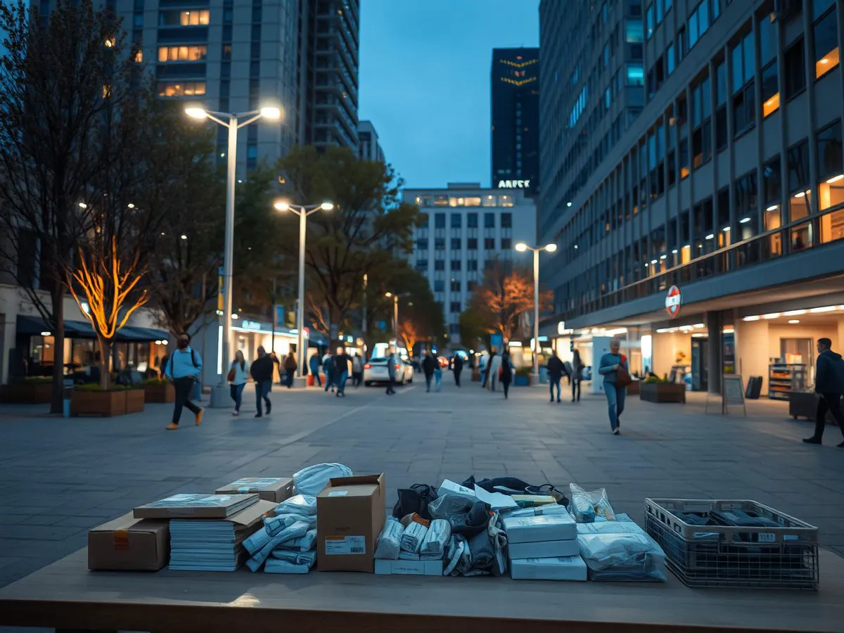 市民广场照明改造后夜景，高杆灯与庭院灯均匀照亮广场，市民在散步