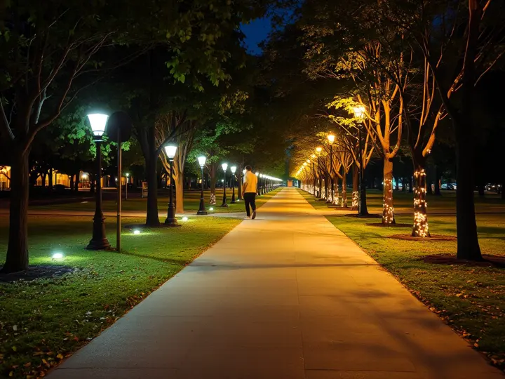 公园步道夜景,暖色照明,树影斑驳,氛围温馨