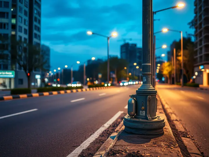 LED路灯杆底部安装的驱动电源,背景为黄昏城市道路。