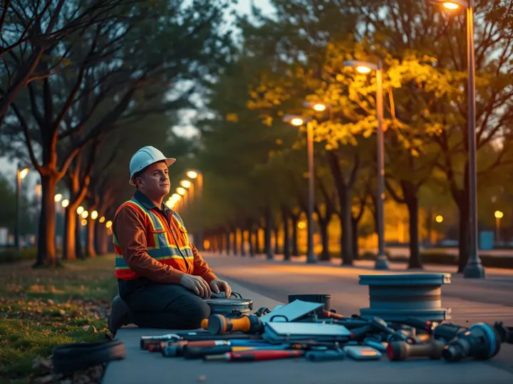 技术人员检查LED路灯
