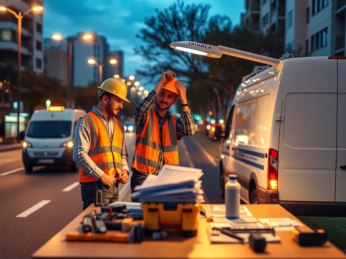 宝吉照明工程团队在道路现场安装LED路灯