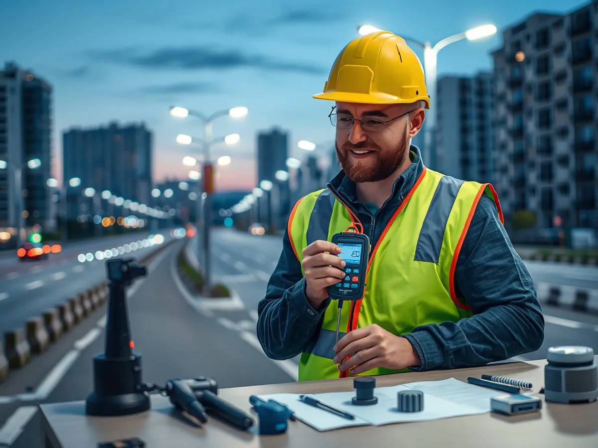 工程师在道路旁使用照度计进行系统调试验收