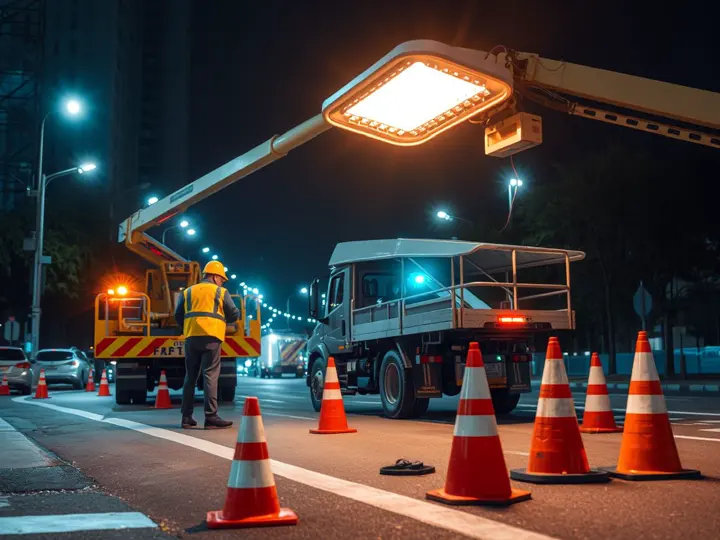 夜间施工安装LED路灯,减少交通影响